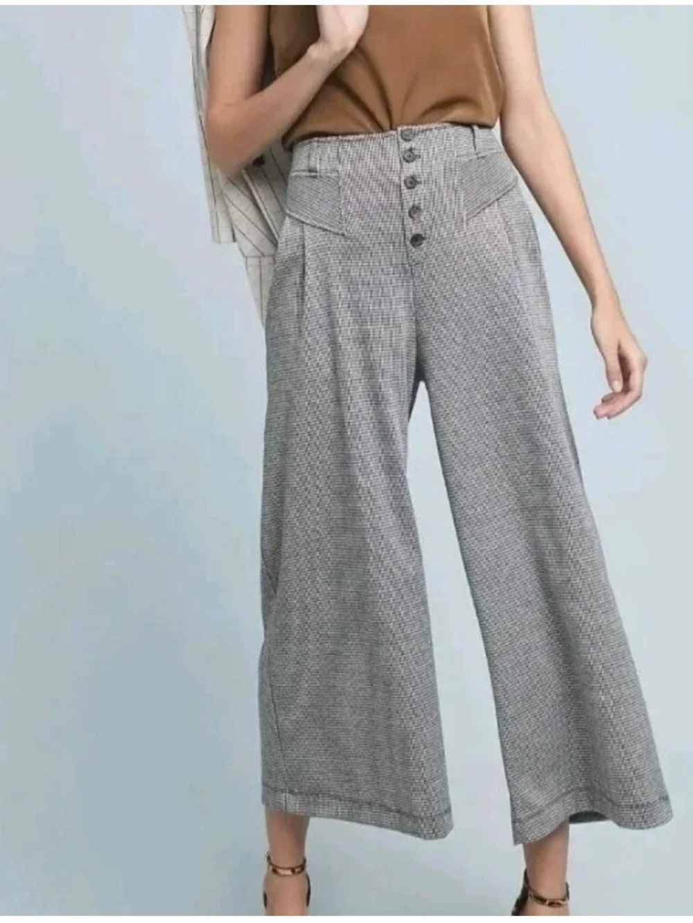 Maeve Anthropologie Gray & White Wide-Leg High-Rise Cropped Pants